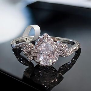 NEW Charmed Aroma Pear Cut "Halo" Ring - Rhodium Plated Size 8